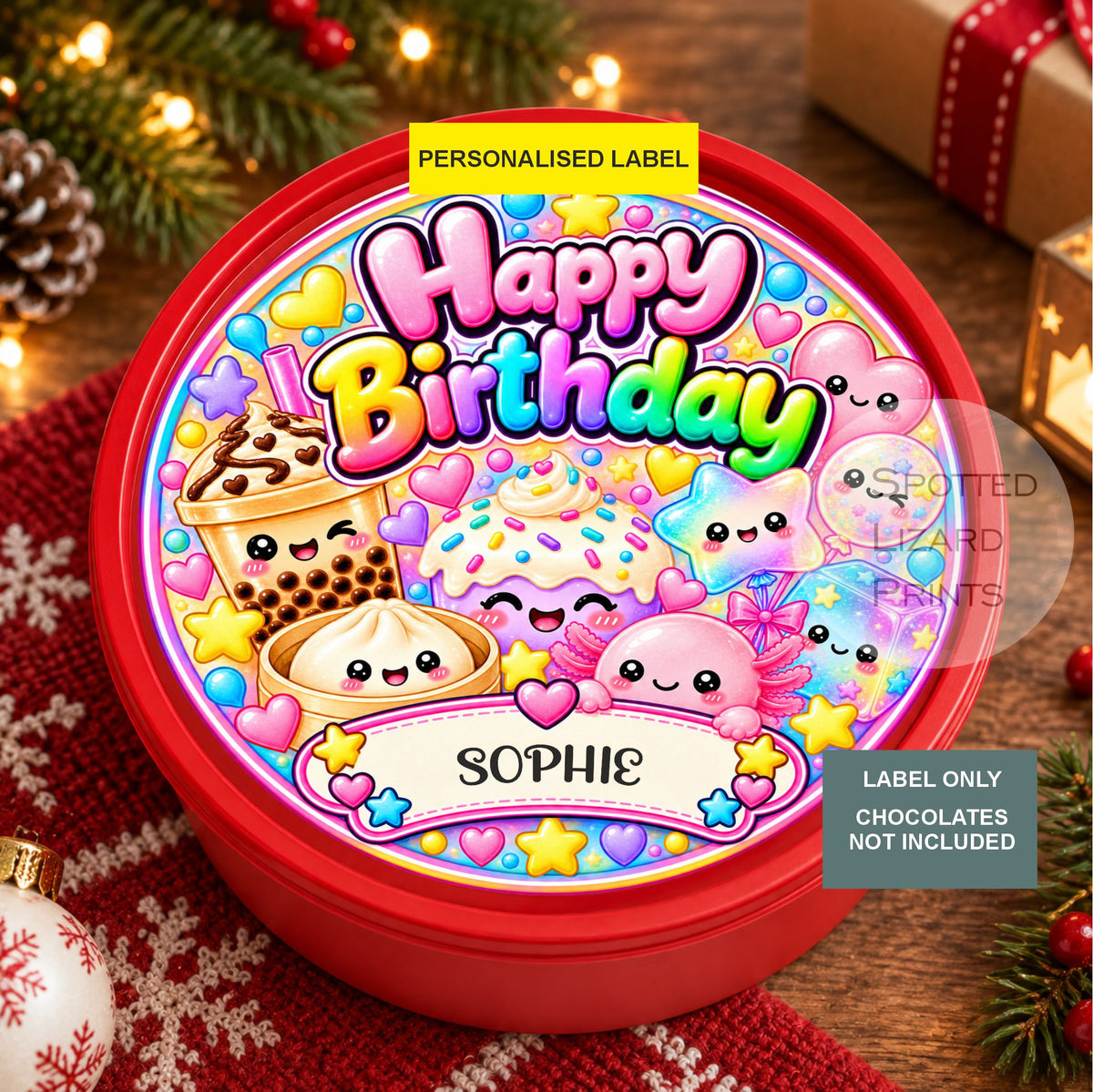 Personalised Happy Birthday Chocolate & Sweet Tub Label | Cute Kawaii Birthday Gift Sticker | Custom Name Sweet Tub Decoration