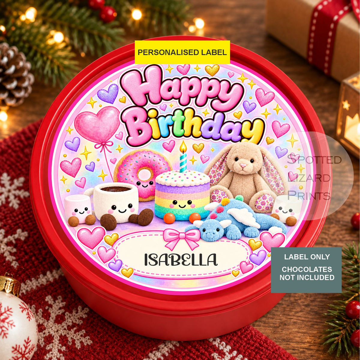 Personalised Happy Birthday Chocolate & Sweet Tub Label | Cute Bunny & Pastel Birthday Design | Custom Name Birthday Gift Sticker