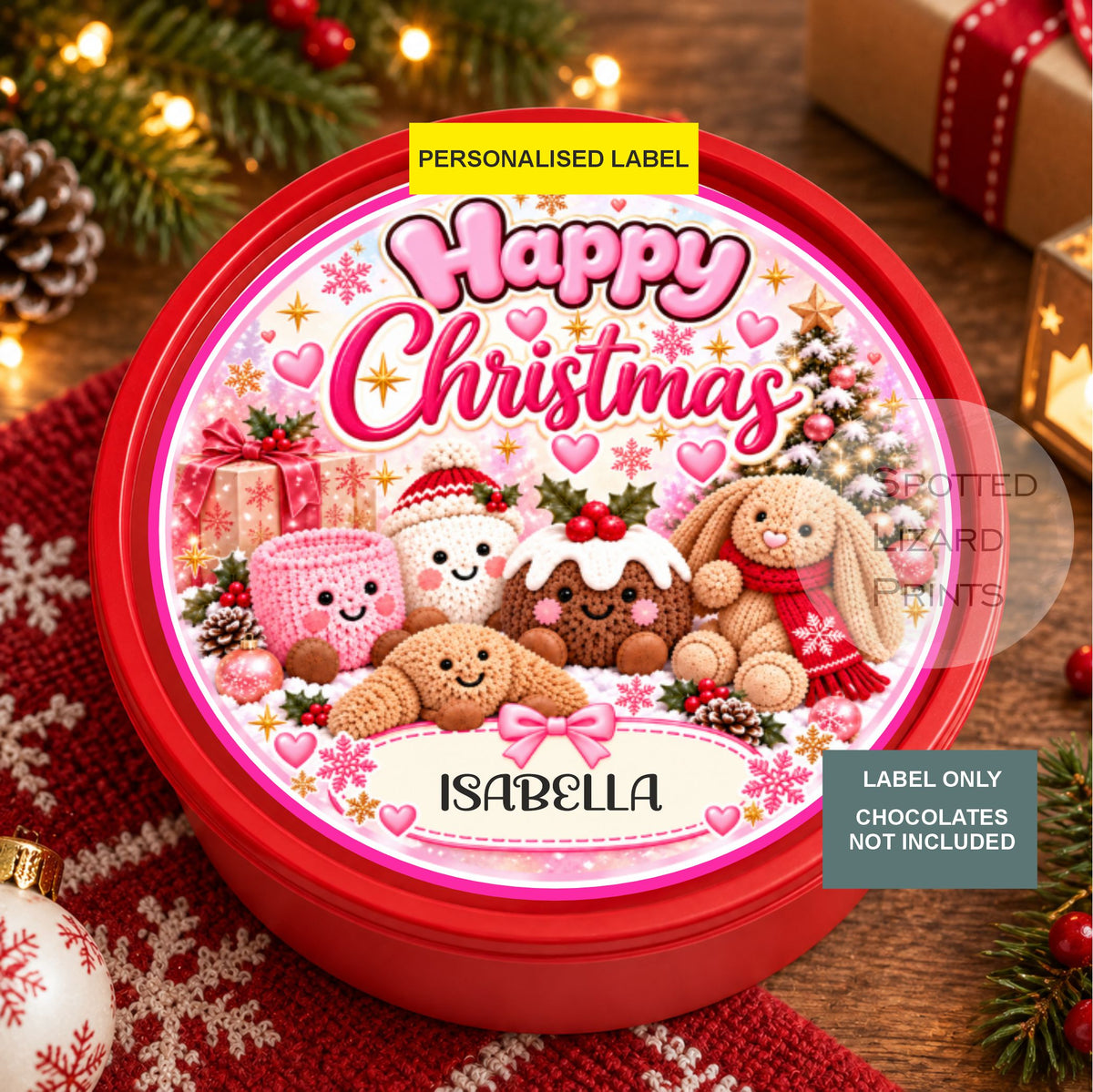 Personalised Christmas Chocolate or Sweet Tub Label | Cute Knitted Bunny & Festive Characters | Pink Christmas Sticker | Custom Name Gift