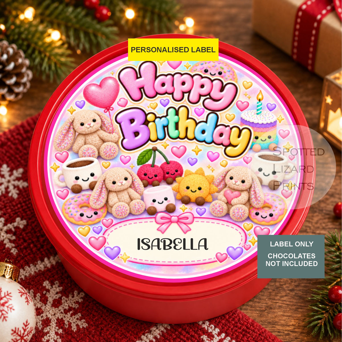 Personalised Birthday Chocolate or Sweet Tub Label | Cute Bunny & Kawaii Sweets Design | Pink Birthday Sticker | Custom Name Gift