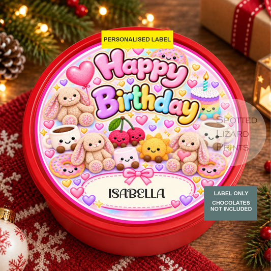 Personalised Birthday Chocolate or Sweet Tub Label | Cute Bunny & Kawaii Sweets Design | Pink Birthday Sticker | Custom Name Gift