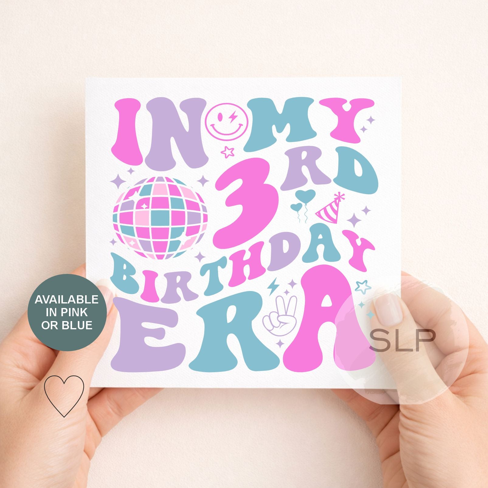3rd Birthday Card – In My 3rd Birthday Era Card – Trendy 3 Year Old Birthday Card – Retro Disco 3rd Birthday – Available in Pink or Blue