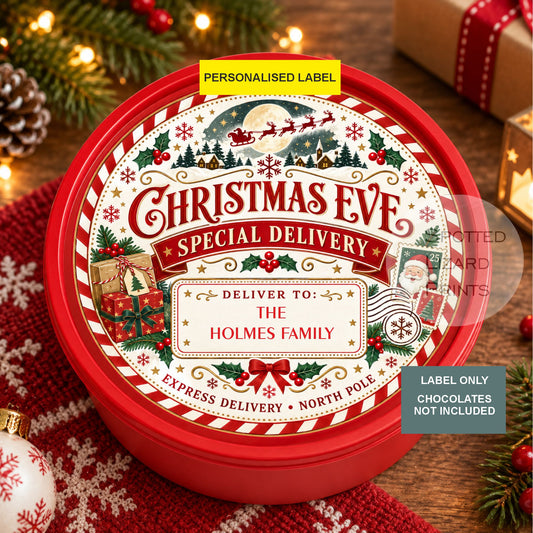 Personalised Christmas Eve Chocolate Tin Label | Special Delivery from Santa | North Pole Family Christmas Gift | Xmas Eve Box Treat