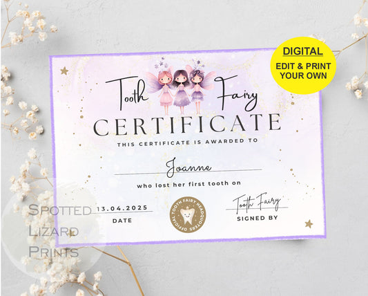 EDITABLE Tooth Fairy Certificate | First Tooth Lost | Kids Tooth Fairy | Lost Tooth Editable Template Printable Instant Download, Canva