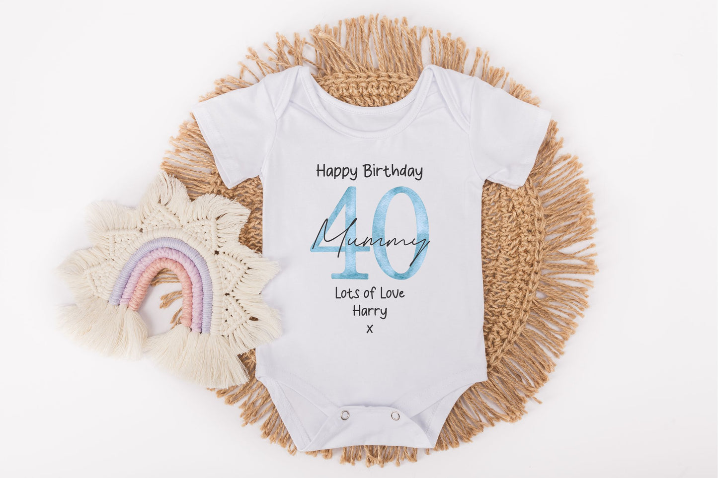 White personalised Baby Vest, Happy Birthday Mommy