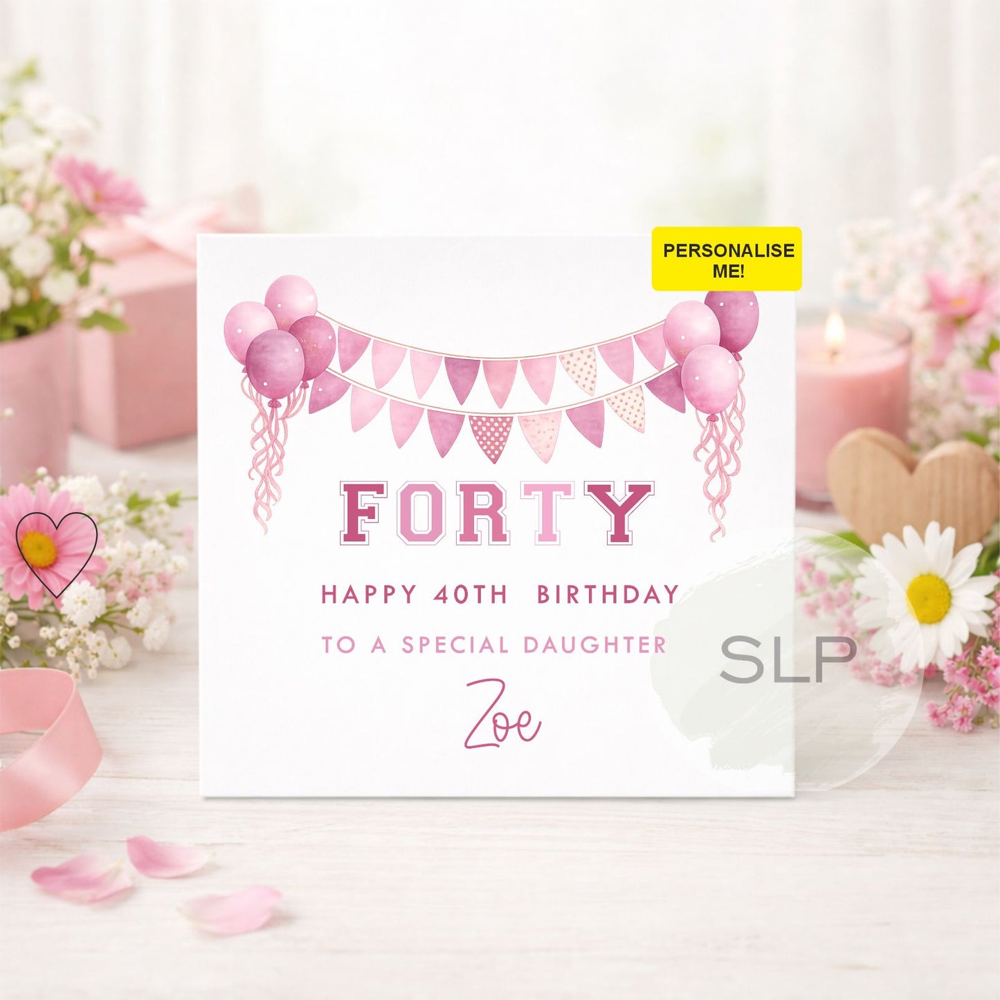 Personalised 40th Birthday Card | Happy 40th Birthday Card | Any Name Birthday Card | 40th Birthday Card for Her | Pink Birthday Card