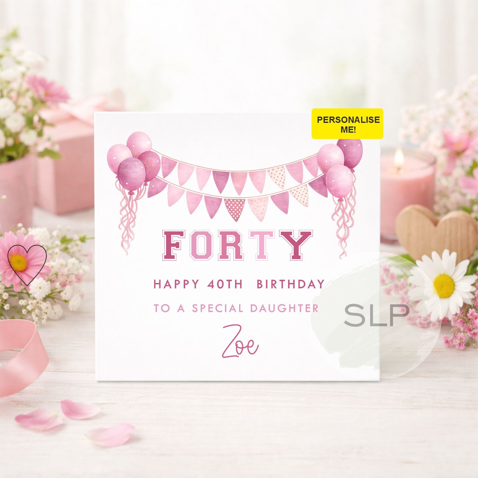 Personalised 40th Birthday Card | Happy 40th Birthday Card | Any Name Birthday Card | 40th Birthday Card for Her | Pink Birthday Card