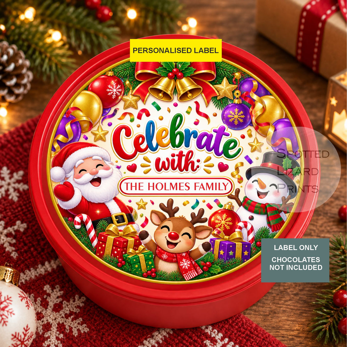Personalised Christmas Chocolate Tin Label | Celebrate With Family Name | Xmas Sweet Tin Sticker | Christmas Eve Box Gift | Festive Treat
