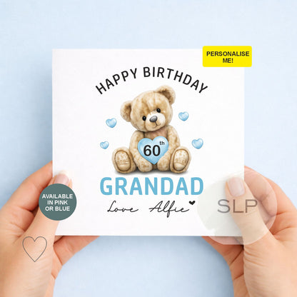 Personalised Grandad / Nana Birthday Card – 60th 70th Teddy Bear Card – Custom Age & Name – Pink or Blue – From Grandchild