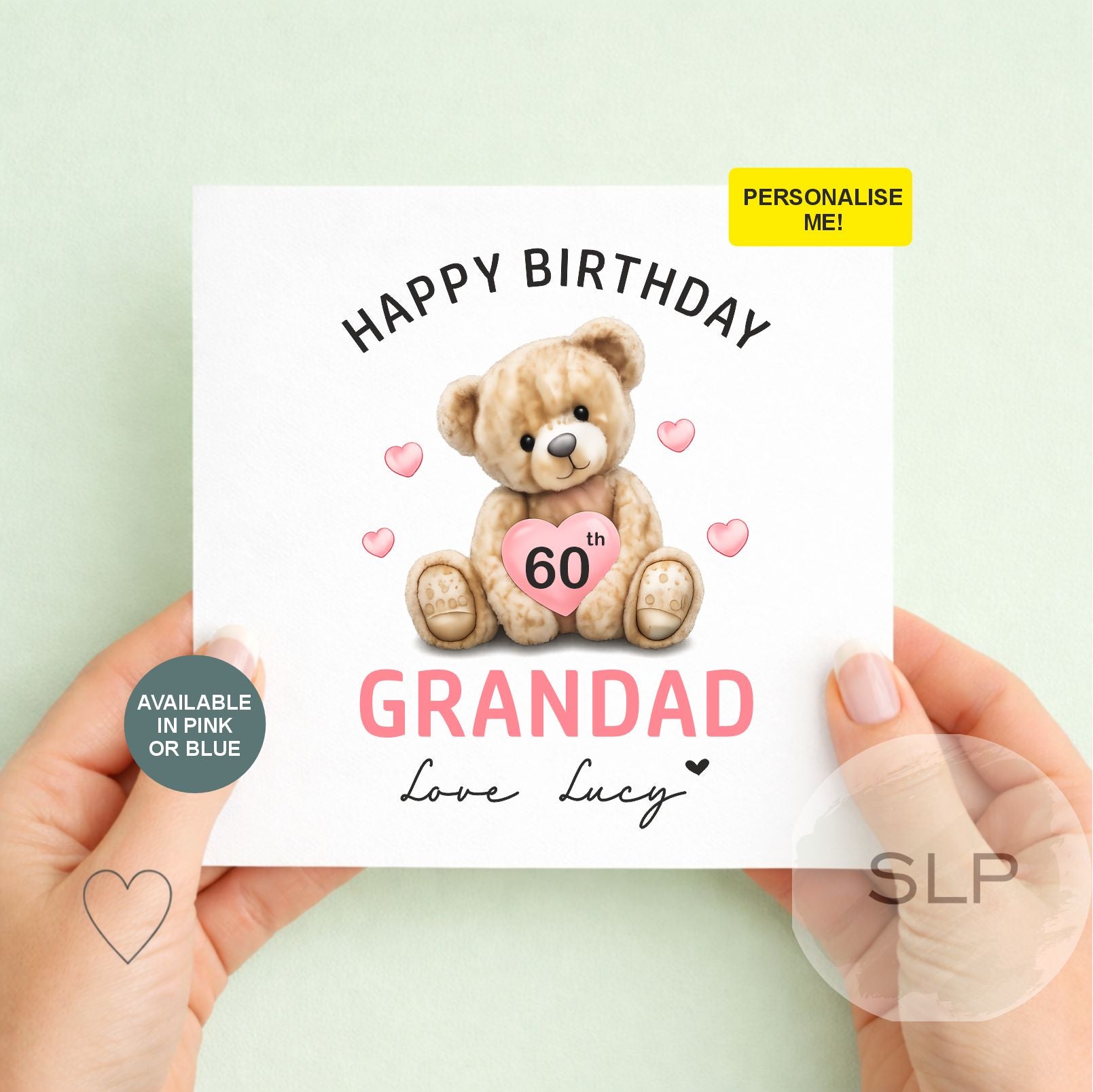 Personalised Grandad / Nana Birthday Card – 60th 70th Teddy Bear Card – Custom Age & Name – Pink or Blue – From Grandchild
