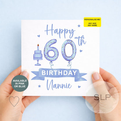 Personalised Milestone Birthday Card – 60th, 65th, 70th – Nanny, Nana, Grandma, Grandad Birthday – Pink or Blue