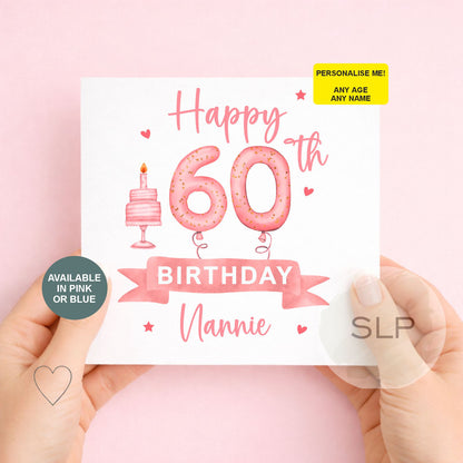 Personalised Milestone Birthday Card – 60th, 65th, 70th – Nanny, Nana, Grandma, Grandad Birthday – Pink or Blue