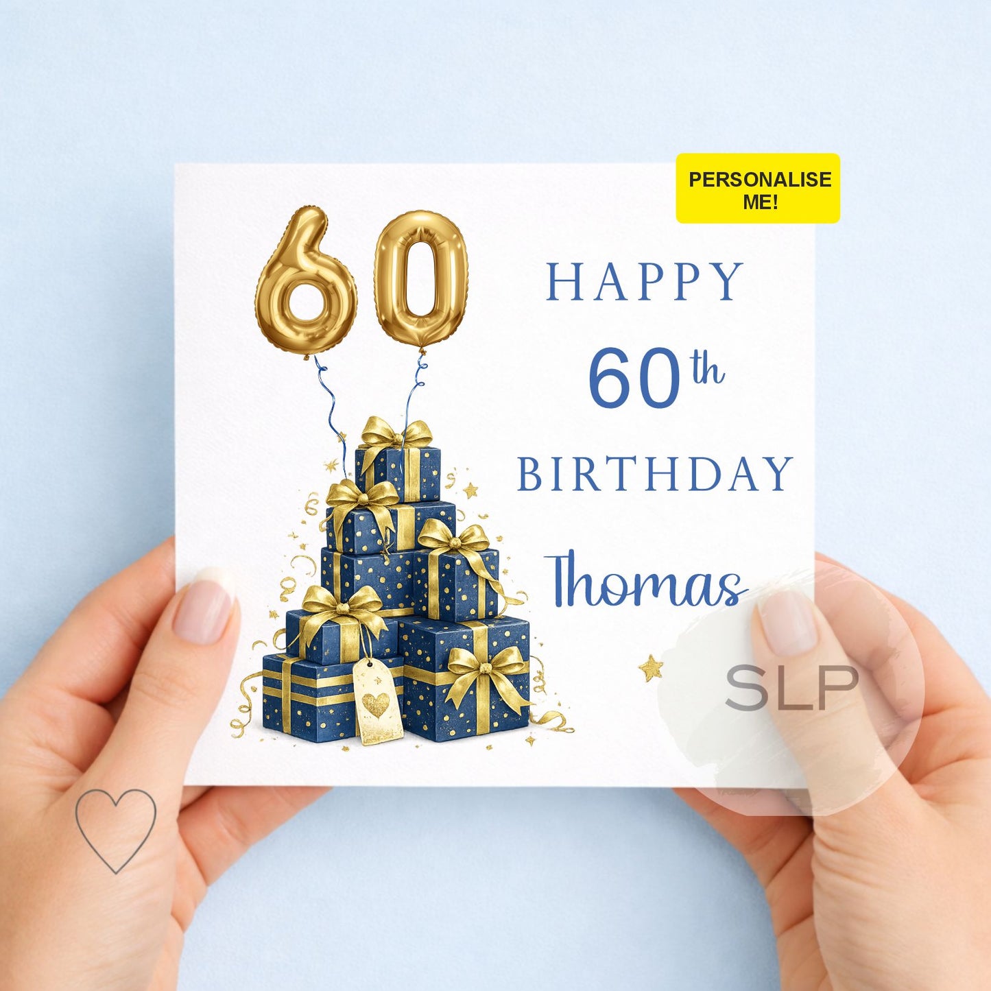 Personalised 60th Birthday Card for Him, Blue & Gold 60 Birthday Card, Gift Box Birthday Card, 60th Birthday Card, Dad Grandad Card