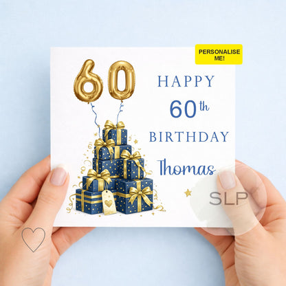 Personalised 60th Birthday Card for Him, Blue & Gold 60 Birthday Card, Gift Box Birthday Card, 60th Birthday Card, Dad Grandad Card