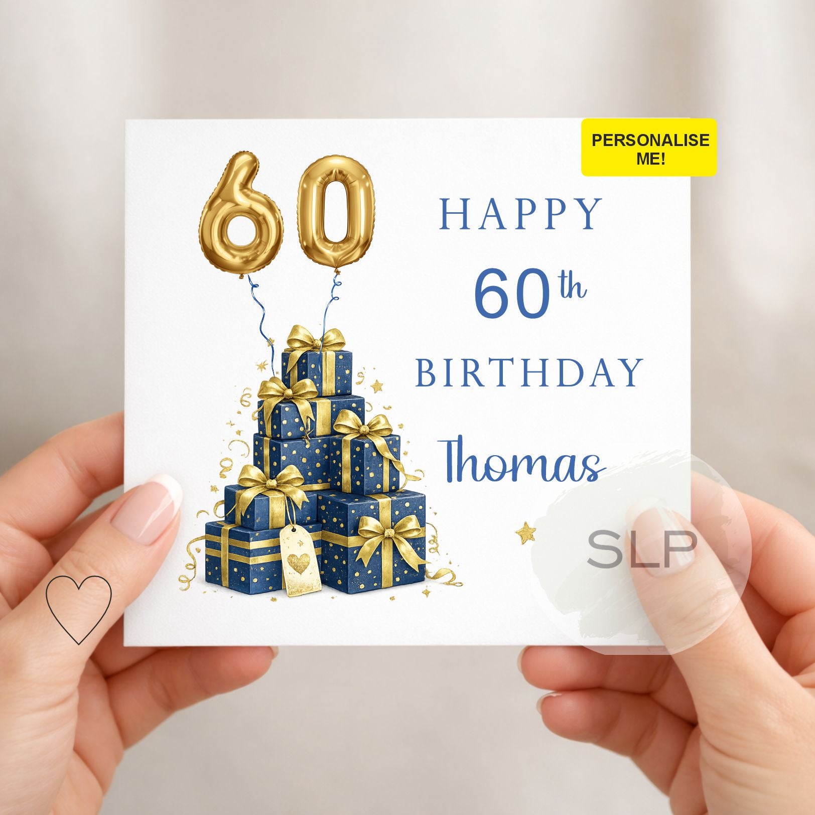 Personalised 60th Birthday Card for Him, Blue & Gold 60 Birthday Card, Gift Box Birthday Card, 60th Birthday Card, Dad Grandad Card