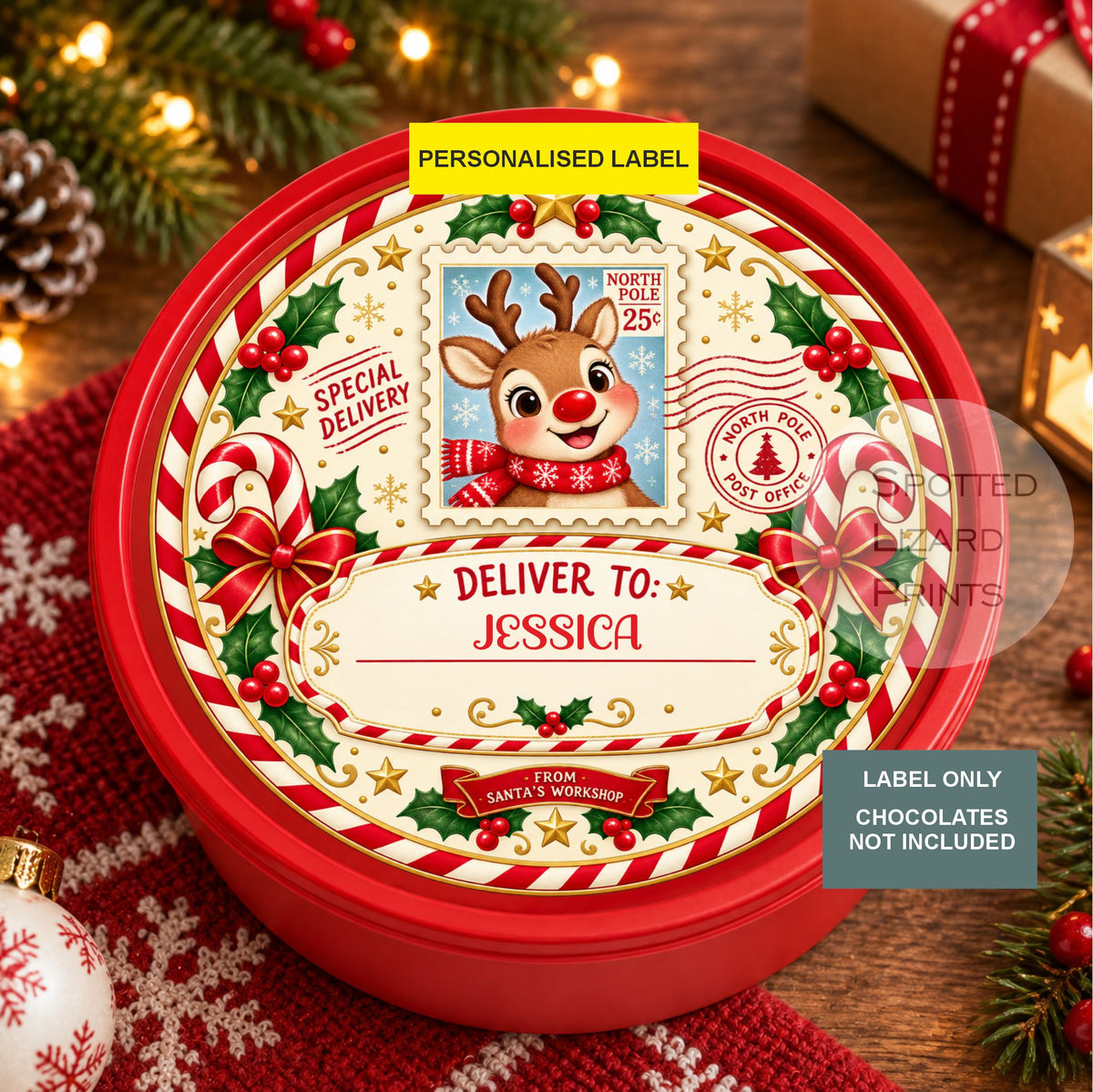 Personalised Christmas Chocolate Tin Label | Special Delivery from Santa | North Pole Reindeer Gift | Christmas Eve Box Treat | Kids Xmas Label