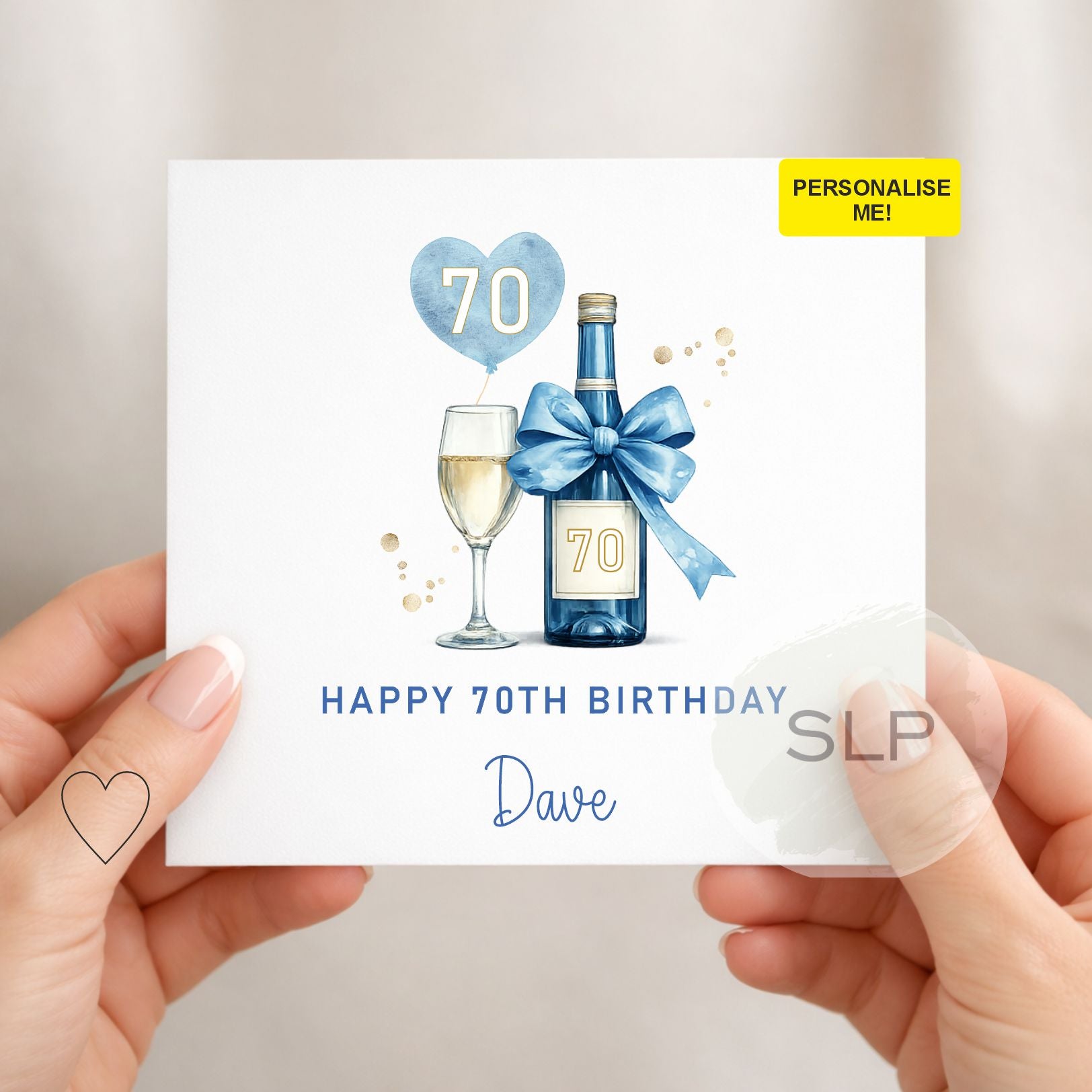 Personalised 70th Birthday Card for Him, Blue & Gold 70 Birthday Card, Custom Name 70th Birthday Card, Dad Grandad Card