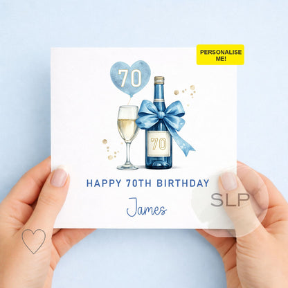 Personalised 70th Birthday Card for Him, Blue & Gold 70 Birthday Card, Custom Name 70th Birthday Card, Dad Grandad Card