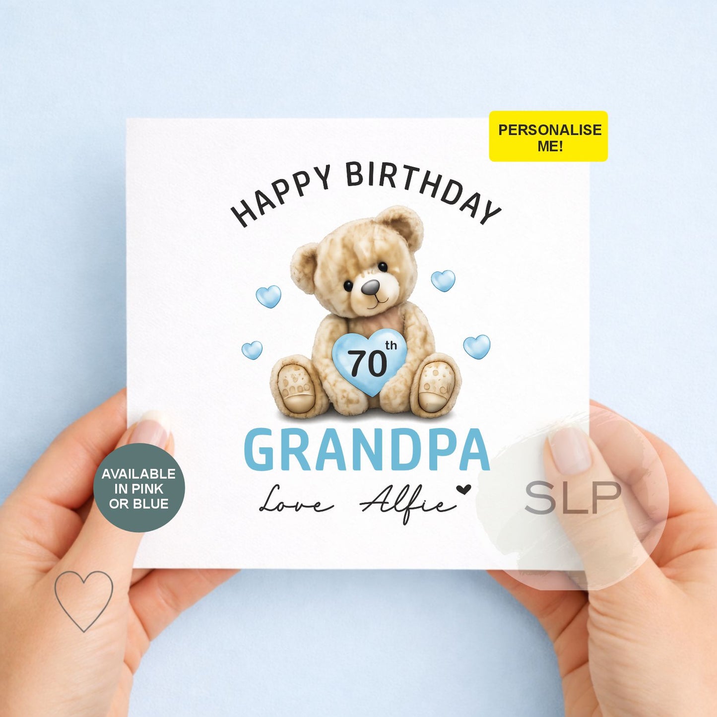 Personalised Grandad / Nana Birthday Card – 60th 70th Teddy Bear Card – Custom Age & Name – Pink or Blue – From Grandchild