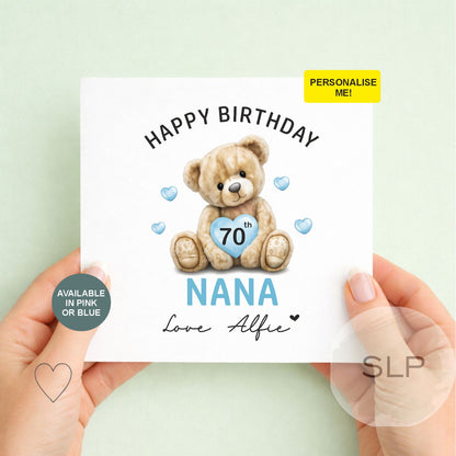 Personalised Grandad / Nana Birthday Card – 60th 70th Teddy Bear Card – Custom Age & Name – Pink or Blue – From Grandchild