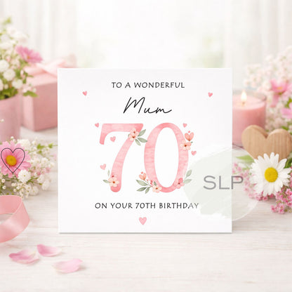 Personalised 70th Birthday Card – Floral Pink 70 – Custom Mum, Nan or Any Name
