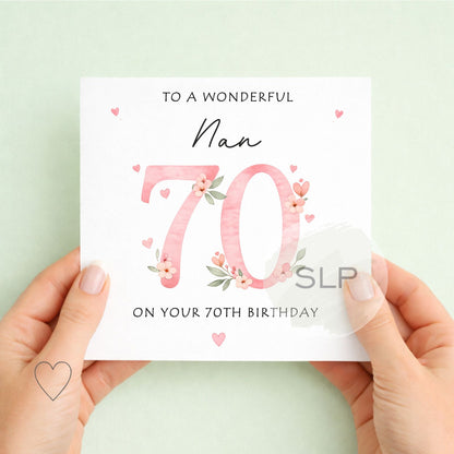 Personalised 70th Birthday Card – Floral Pink 70 – Custom Mum, Nan or Any Name