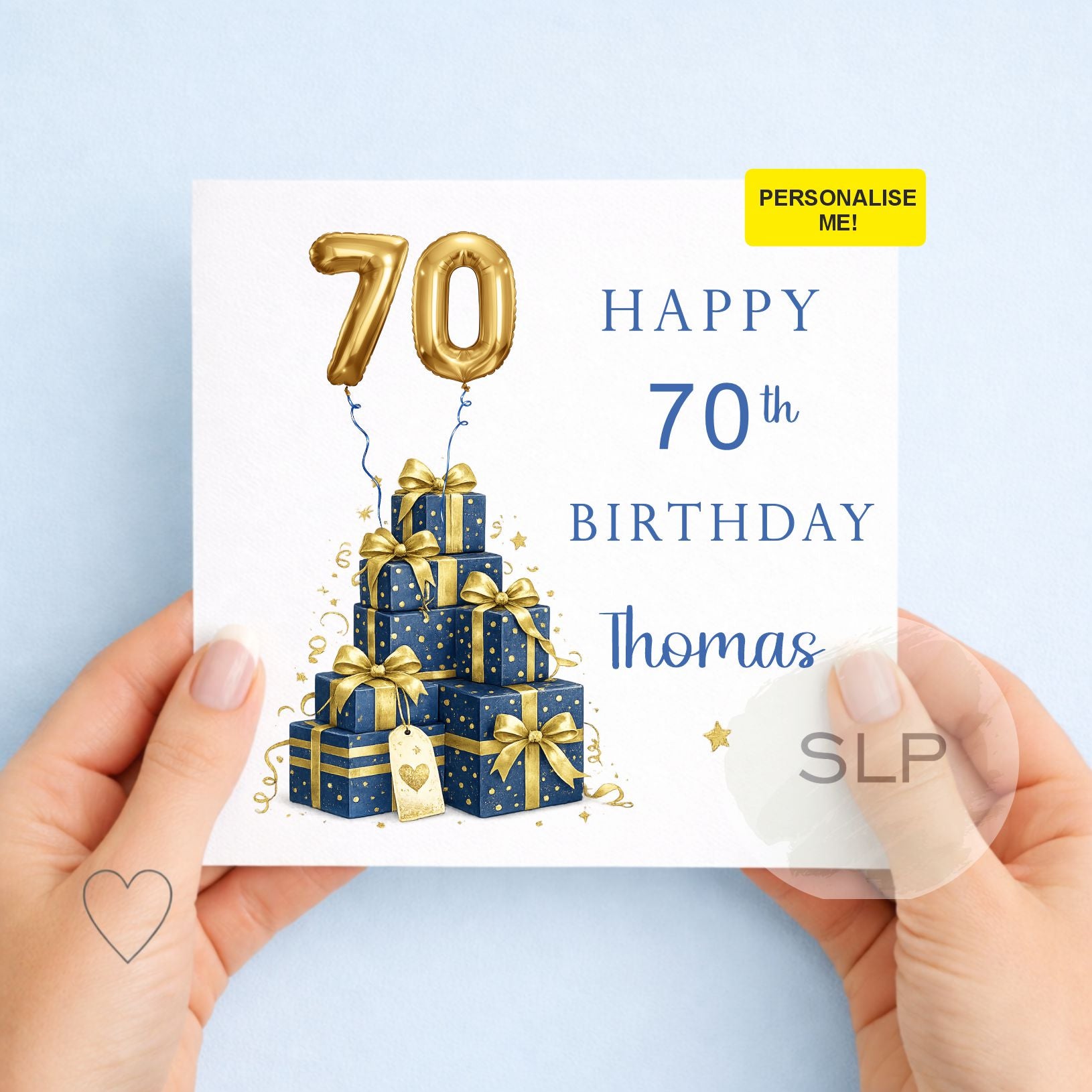 Personalised 70th Birthday Card for Him, Blue & Gold 70th Birthday Card, Custom Name 70 Birthday Card, Dad Grandad 70th Birthday Card