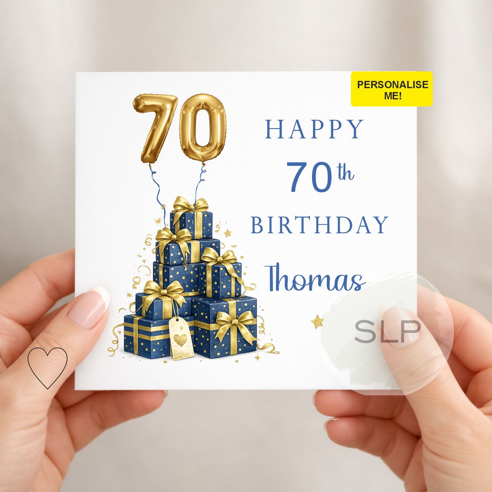 Personalised 70th Birthday Card for Him, Blue & Gold 70th Birthday Card, Custom Name 70 Birthday Card, Dad Grandad 70th Birthday Card