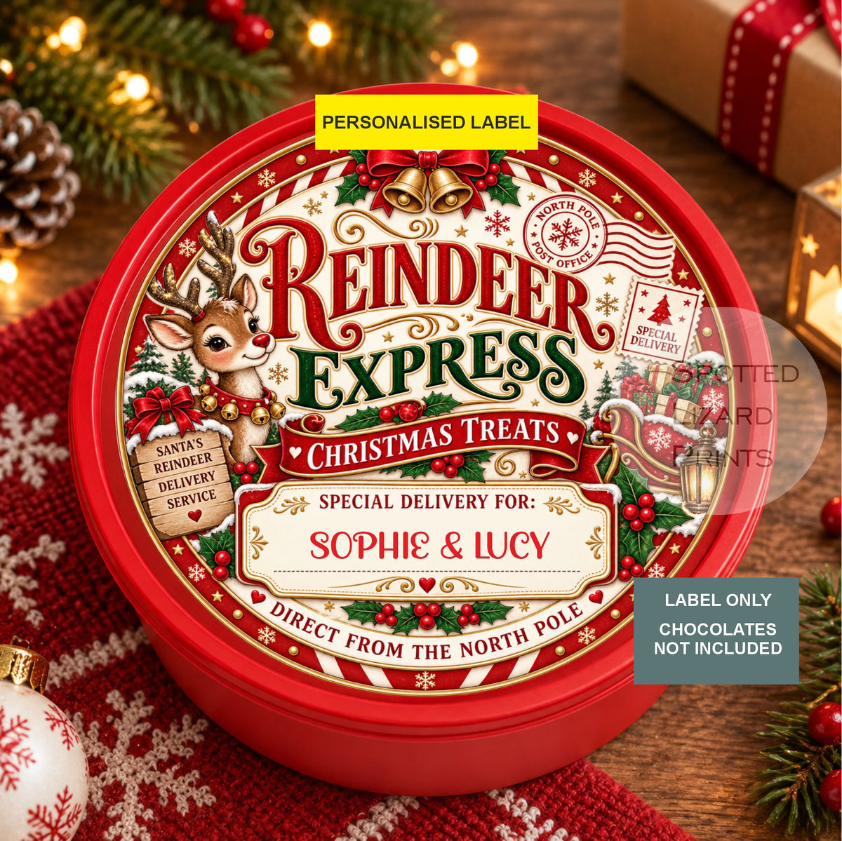 Personalised Reindeer Express Christmas Chocolate Tin Label | Santa Special Delivery | Christmas Eve Box Treat | Kids Xmas Gift Label