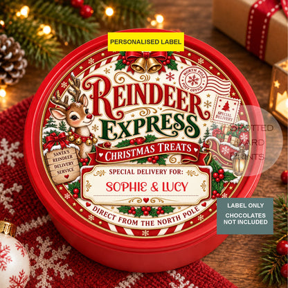 Personalised Reindeer Express Christmas Chocolate Tin Label | Santa Special Delivery | Christmas Eve Box Treat | Kids Xmas Gift Label
