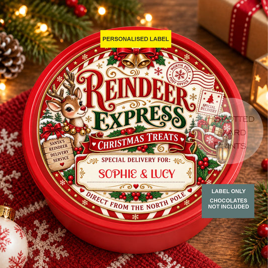 Personalised Reindeer Express Christmas Chocolate Tin Label | Santa Special Delivery | Christmas Eve Box Treat | Kids Xmas Gift Label