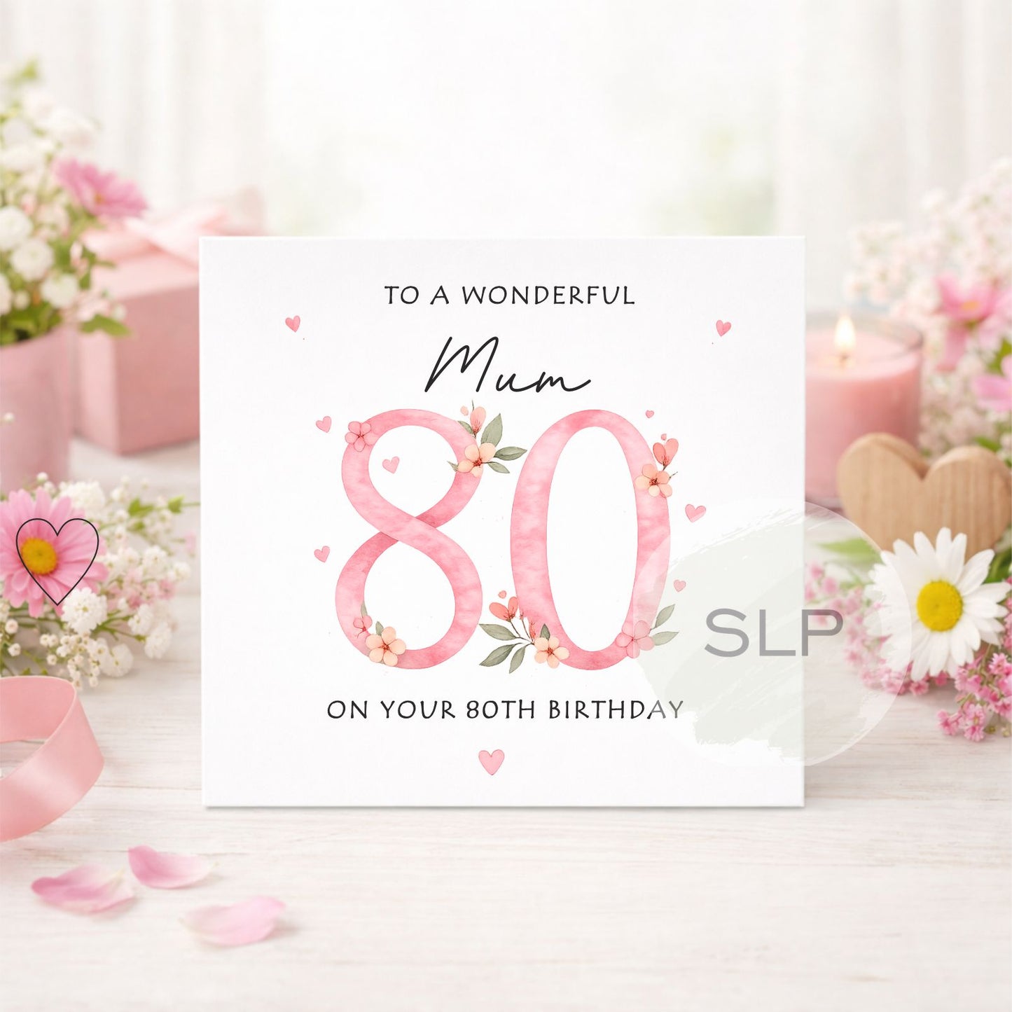 Personalised 80th Birthday Card – Floral Pink 80 – Custom Mum, Nan or Any Name