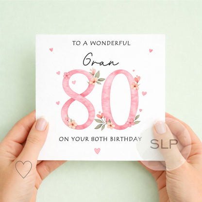 Personalised 80th Birthday Card – Floral Pink 80 – Custom Mum, Nan or Any Name