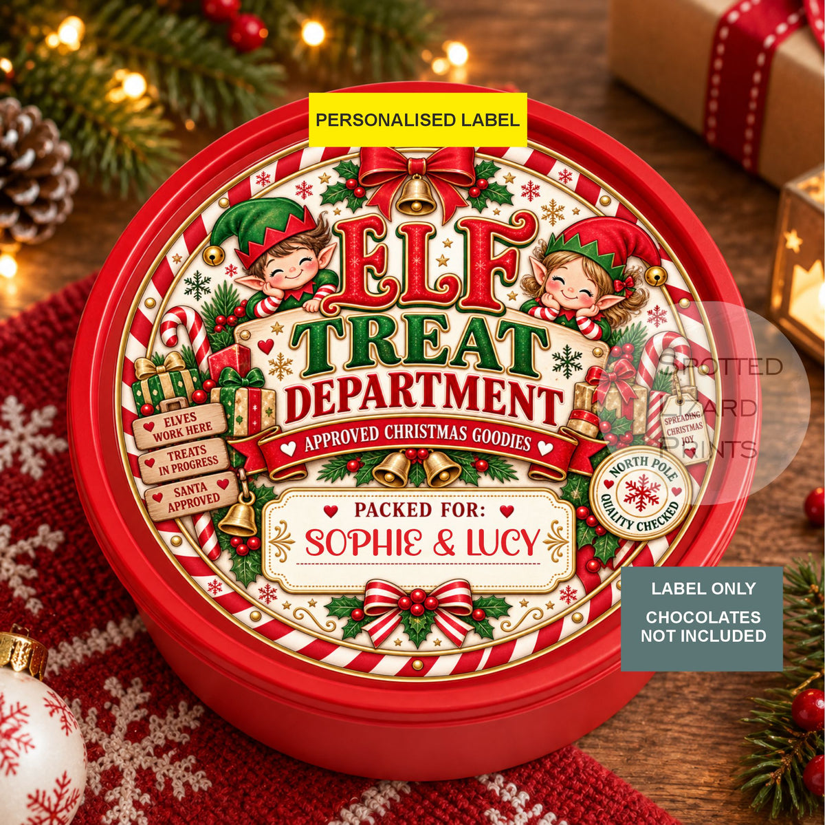 Personalised Elf Treat Department Christmas Chocolate Tin Label | Elf on the Shelf Treat Gift | Christmas Eve Box | North Pole Elf Label
