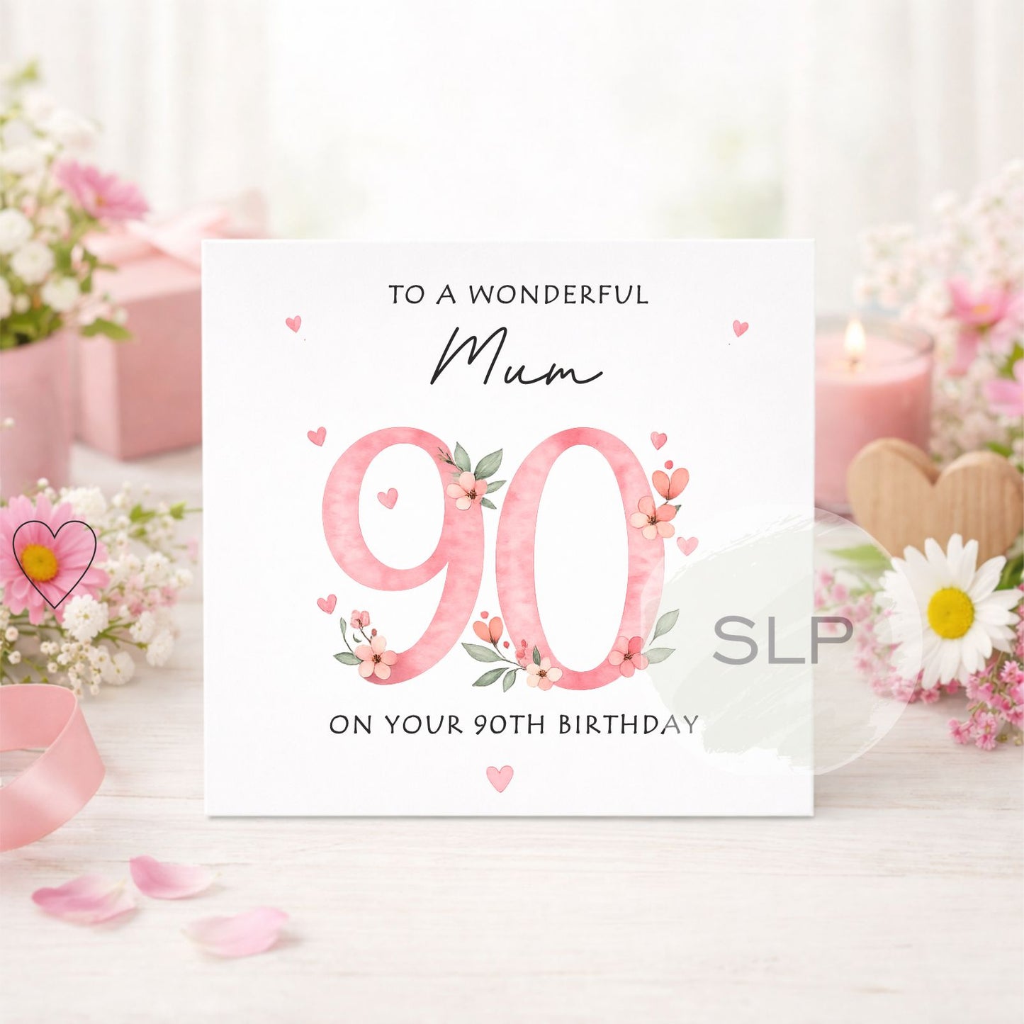 Personalised 90th Birthday Card – Floral Pink 90 – Custom Mum, Nan or Any Name
