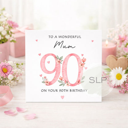 Personalised 90th Birthday Card – Floral Pink 90 – Custom Mum, Nan or Any Name