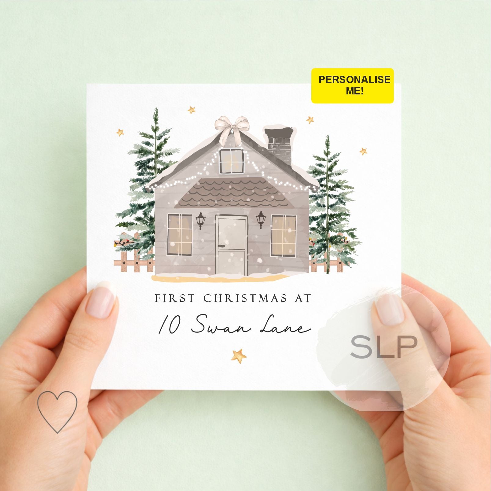 Personalised first Christmas in new home card with custom address and winter house design
