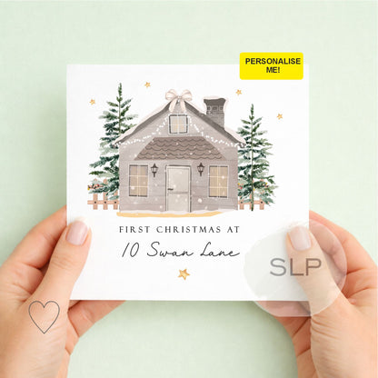 Personalised first Christmas in new home card with custom address and winter house design