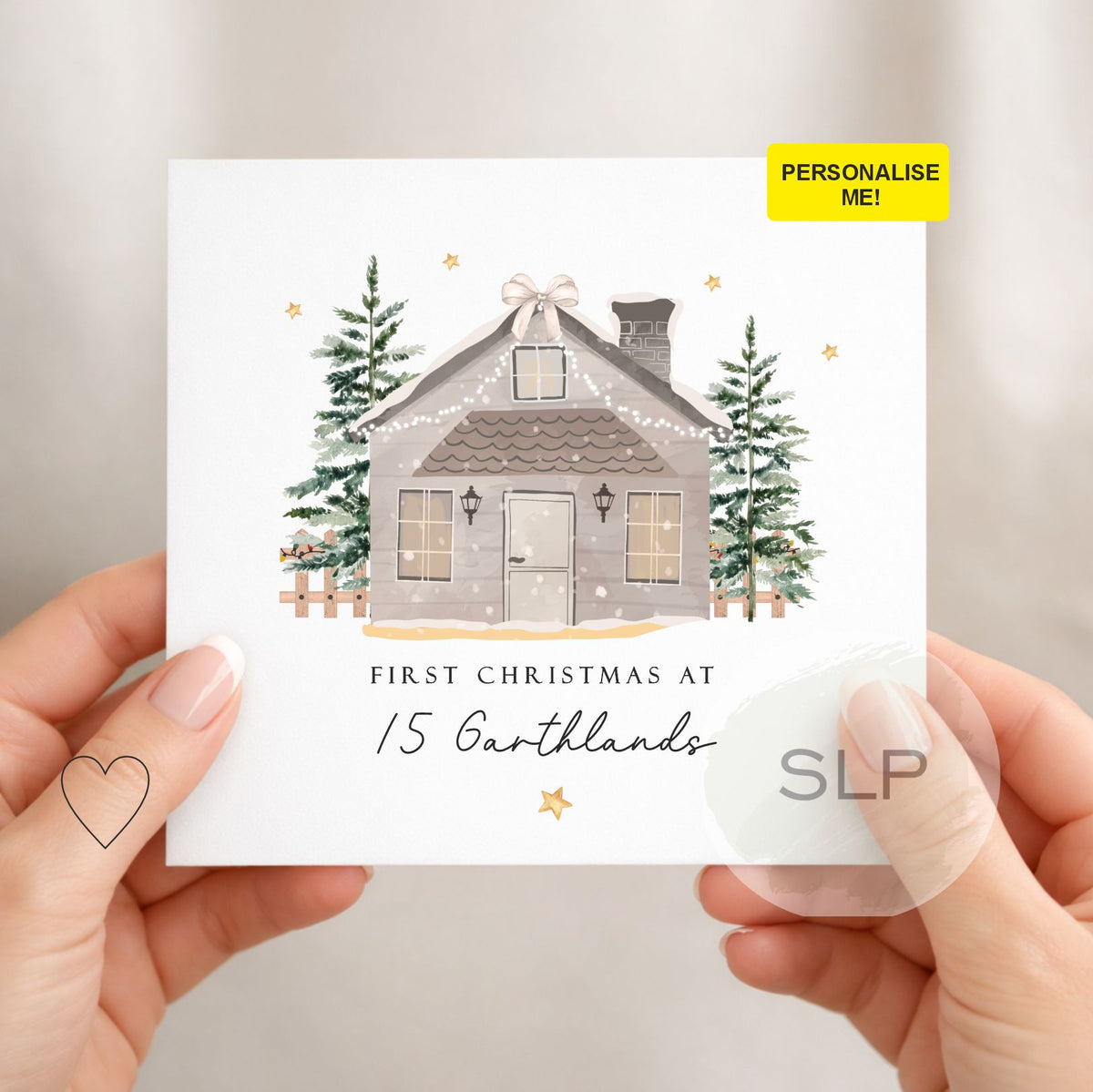 Personalised first Christmas in new home card with custom address and winter house design