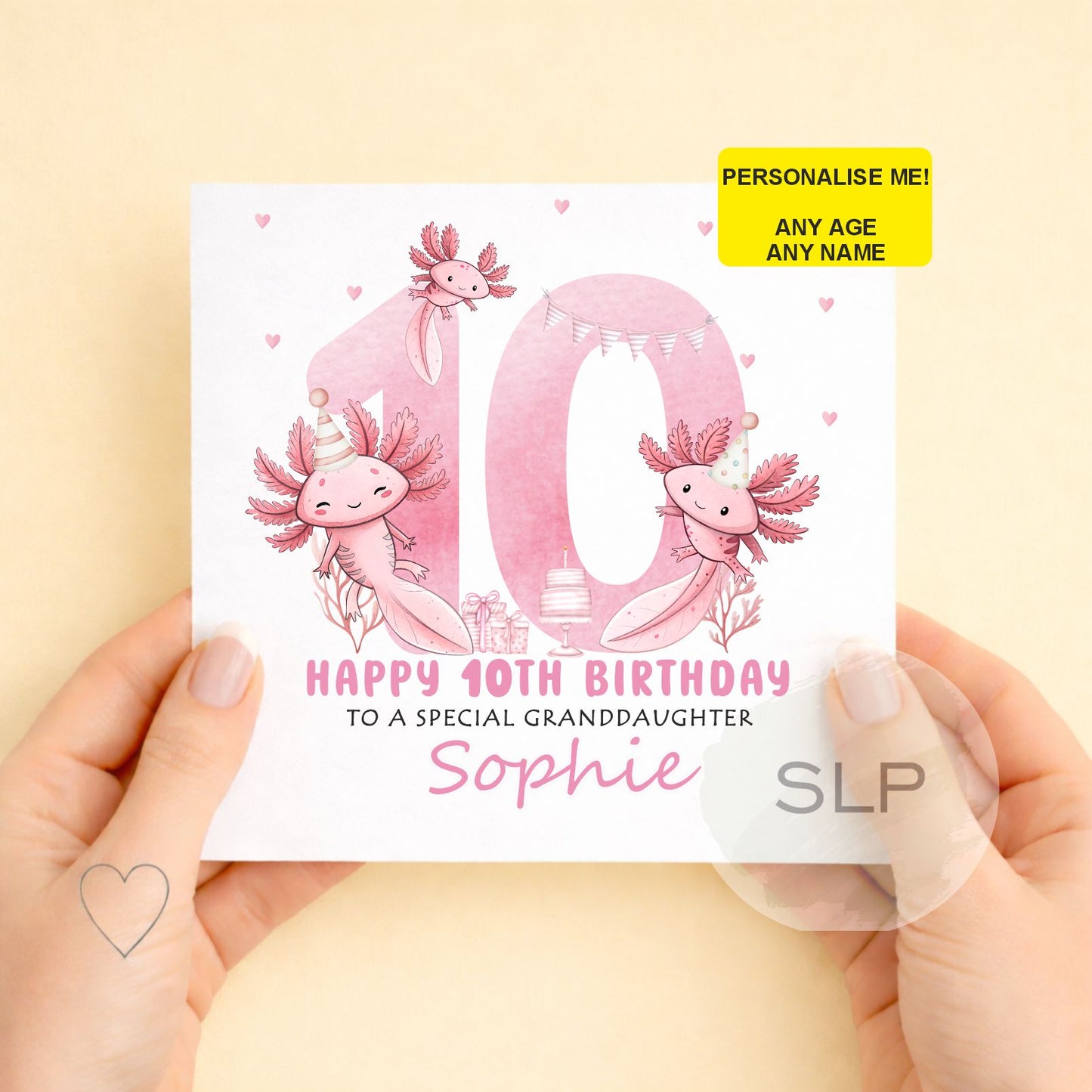 Axolotl Birthday Card – Personalised Any Age & Name – Cute Pink Axolotl Card – Granddaughter Birthday Card