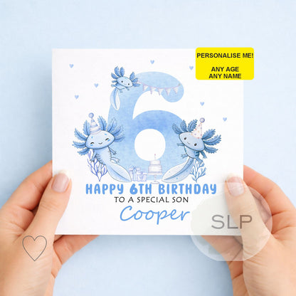 Cute personalised axolotl birthday card with any name, age and relationship. A fun blue birthday card for sons, daughters, grandchildren and axolotl fans.