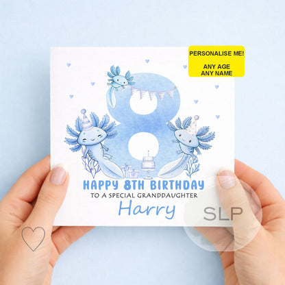 Cute personalised axolotl birthday card with any name, age and relationship. A fun blue birthday card for sons, daughters, grandchildren and axolotl fans.