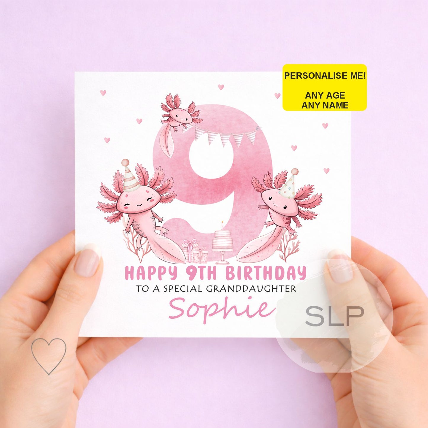 Axolotl Birthday Card – Personalised Any Age & Name – Cute Pink Axolotl Card – Granddaughter Birthday Card