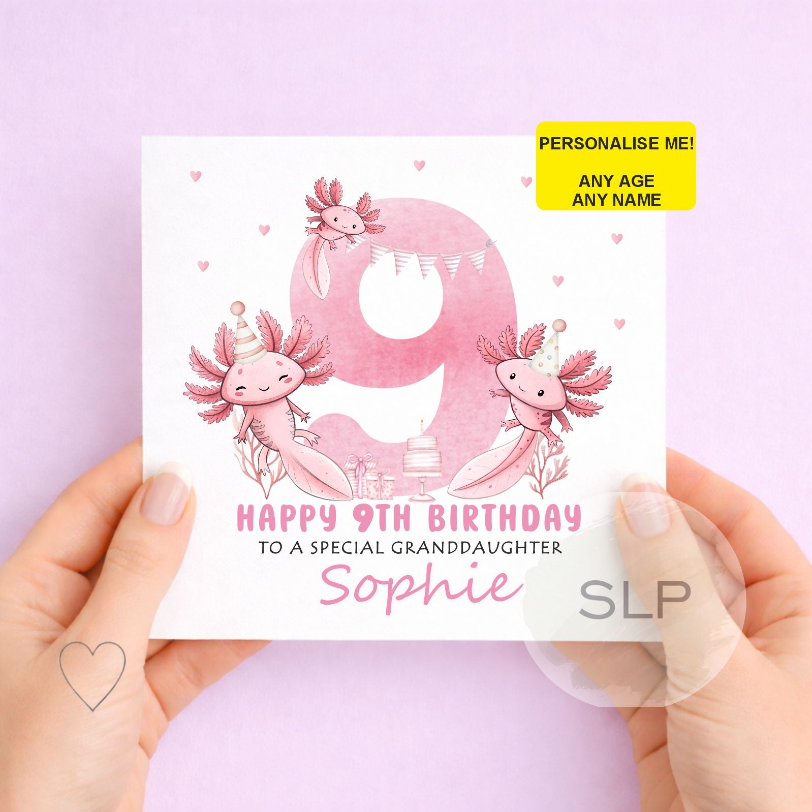 Axolotl Birthday Card – Personalised Any Age & Name – Cute Pink Axolotl Card – Granddaughter Birthday Card