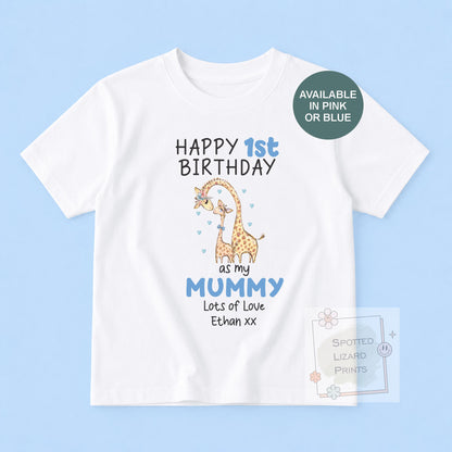 Personalised 1st Birthday Outfit, Happy 1st Birthday as My Mummy Sleepsuit, First Birthday Baby T-Shirt, Custom Baby Gift, Giraffe