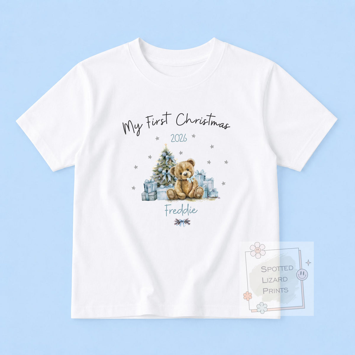 Personalised First Christmas Baby Outfit- My First Christmas Sleepsuit or Vest - 1st Xmas Teddy - BLUE