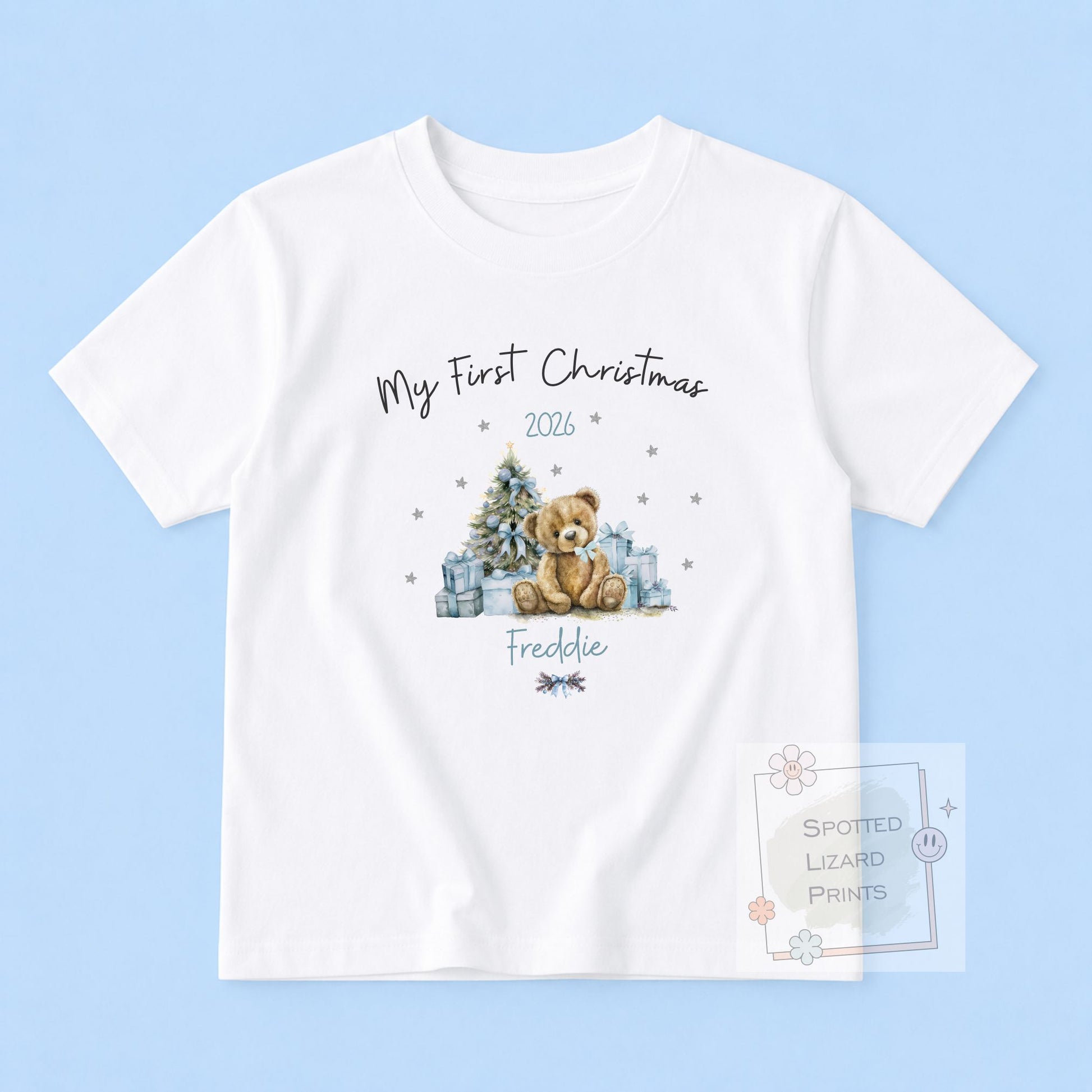 Personalised First Christmas Baby Outfit- My First Christmas Sleepsuit or Vest - 1st Xmas Teddy - BLUE