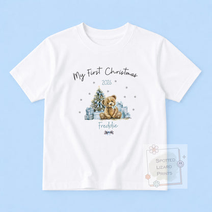 Personalised First Christmas Baby Outfit- My First Christmas Sleepsuit or Vest - 1st Xmas Teddy - BLUE
