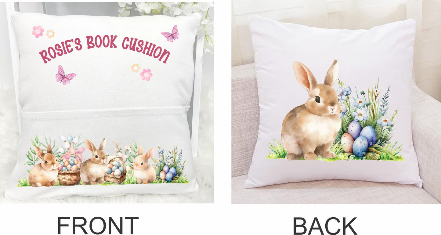 white easter pillow with rabbits for kids easter