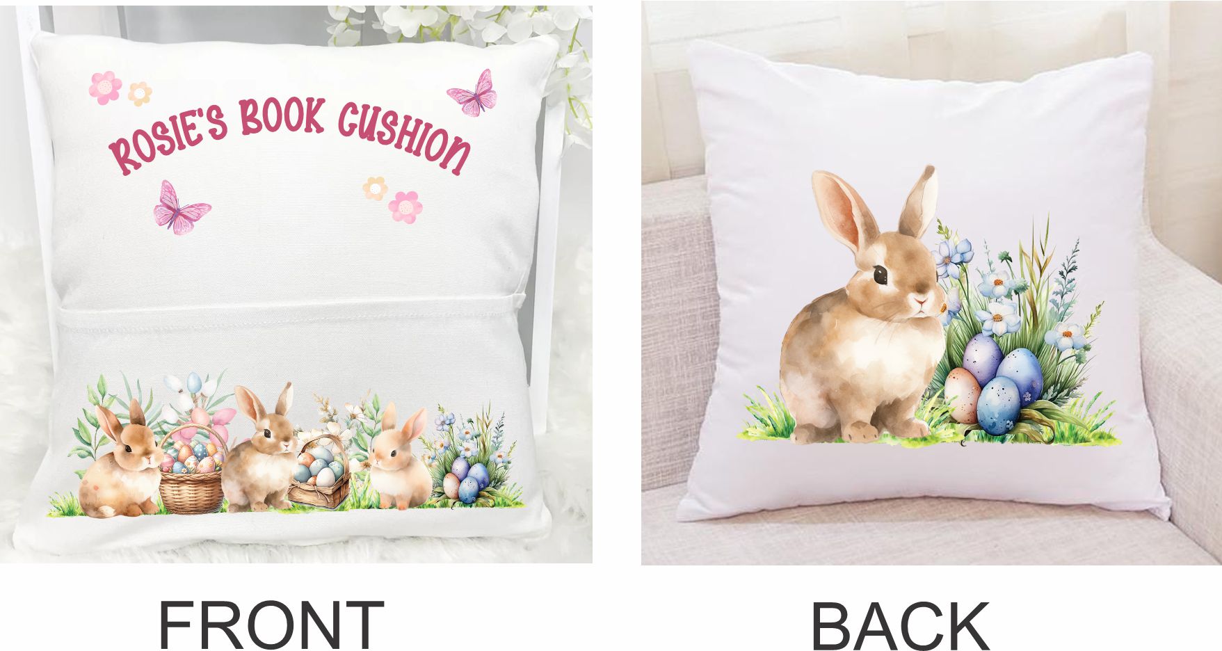 white easter pillow with rabbits for kids easter